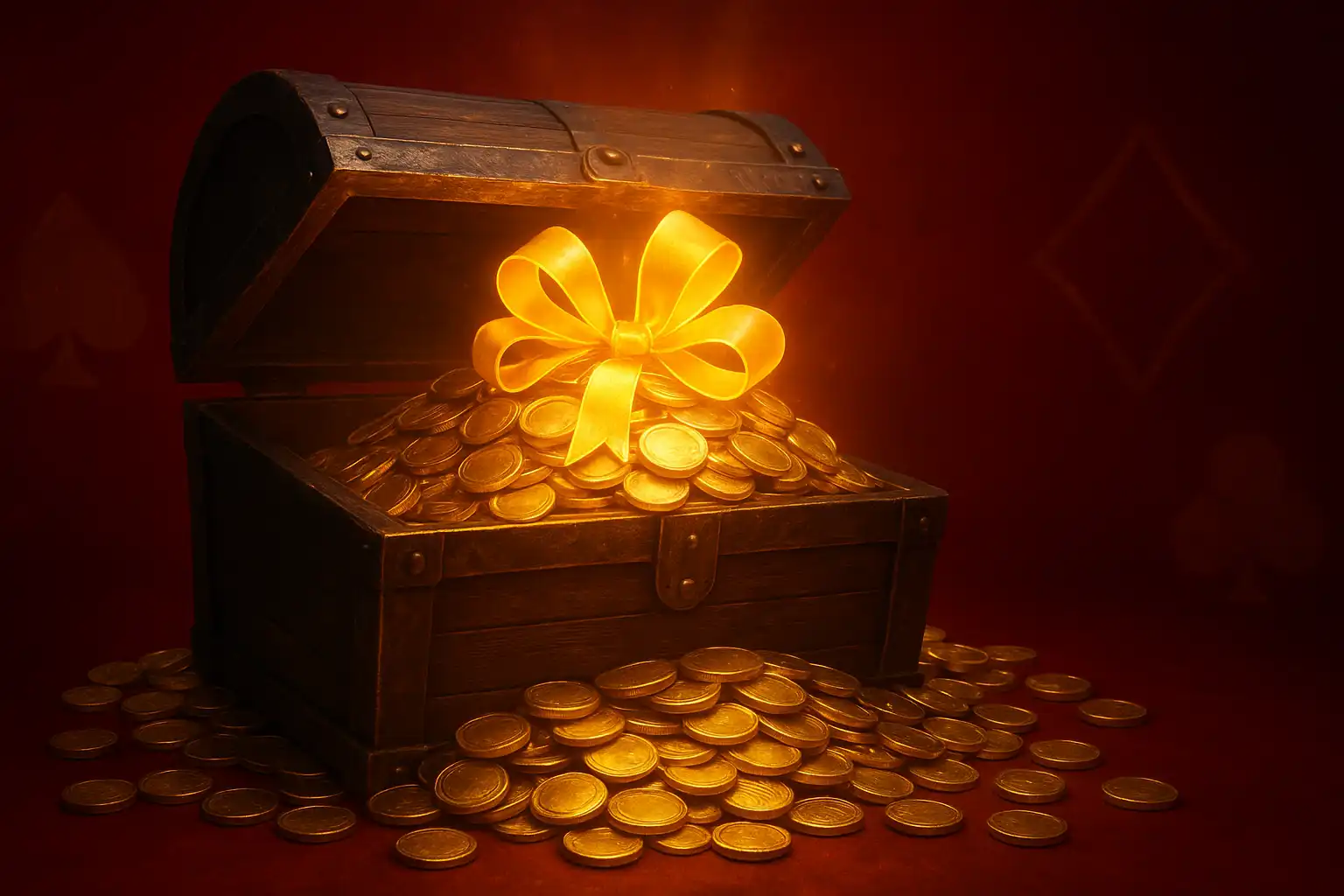 Stapel Goldmünzen und ein leuchtendes Bonus-Ticket auf einem bordeauxroten Casino-Tisch