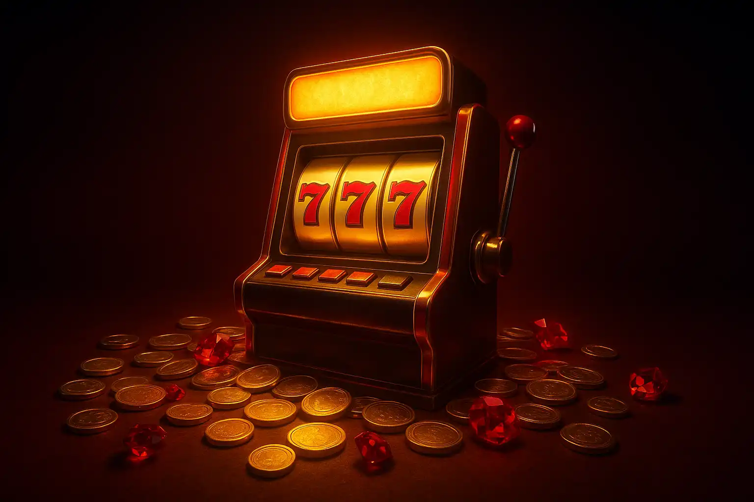 Reels of a bright casino slot machine glowing with ruby and gold symbols